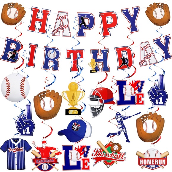 Baseball Party Decorations: 2 Platters, Cupcake Cups, Banner and Hanging Swirls - Picture 1 of 9